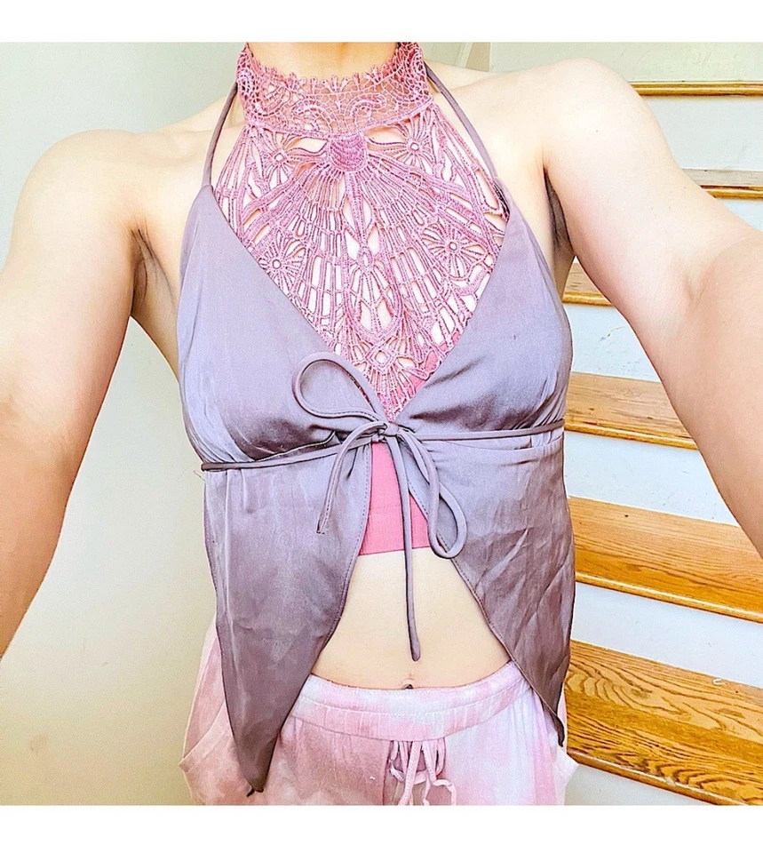 Sutiã feito à mão rosa crochê renda intrincada gola alta bralette algodão bandeau top - Imagem 2 de 4