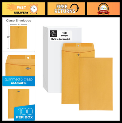 Heavy-Duty 10'' x 13'' Clasp Envelopes, 32 lb Brown Kraft, Gummed Flap, 100 Pack