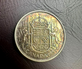 Canada 1953 Silver 50 Cents 80% 0.3 Oz Silver NSF Large Date Rainbow Toned