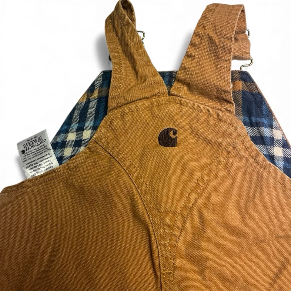 Carhartt Brown Camel Bib Overalls Plaid Flannel Lined Double Knee - Size 3T - Image 3 of 4