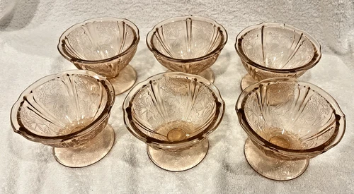 6 Jeannette Pink Depression Glass Cherry Blossom Sherbet Bowls