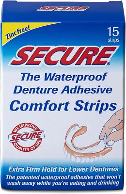 Secure Comfort Strips Waterproof Denture Adhesive - Zinc Free - Extra Firm Hold