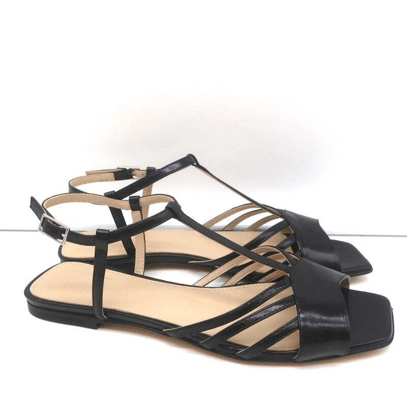 Theory V Strap Sandals Black Leather Size 38.5 Slingback Flats NEW - Image 3 of 4