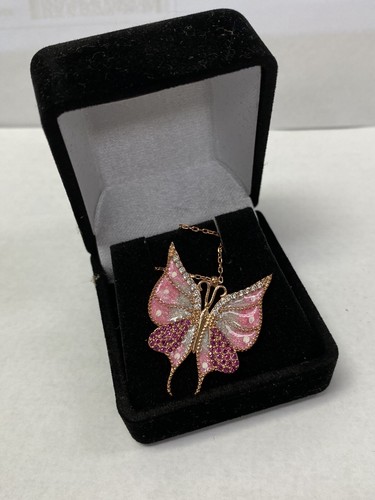Rose Gold color over Sterling Silver Butterfly Pink Rhinestones Necklace NEW! - Picture 2 of 5