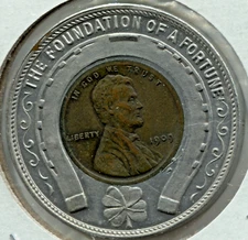 1909 ENCASED LINCOLN WHEAT CENT - GOOD LUCK PENNY - JOLIET, IL - EC 6534