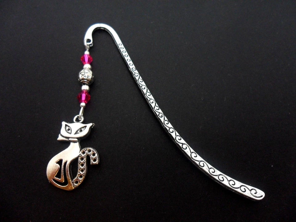 ROSIES JEWELLERY A TIBETAN SILVER CAT CHARM & PINK CRYSTAL BOOKMARK. NEW.