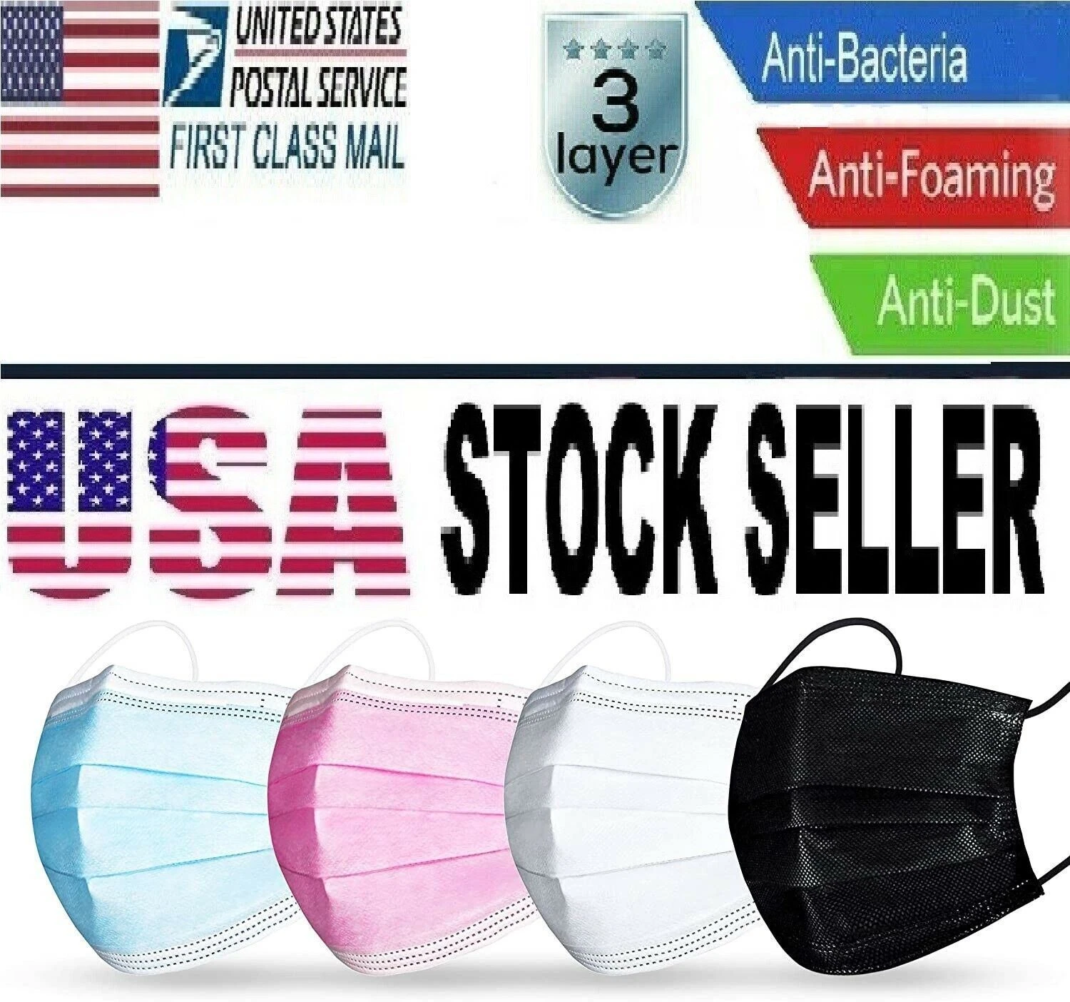 100 Pcs Breathable,Colorful Non-woven Face Mask Black40/Blue20/White20/Pink20