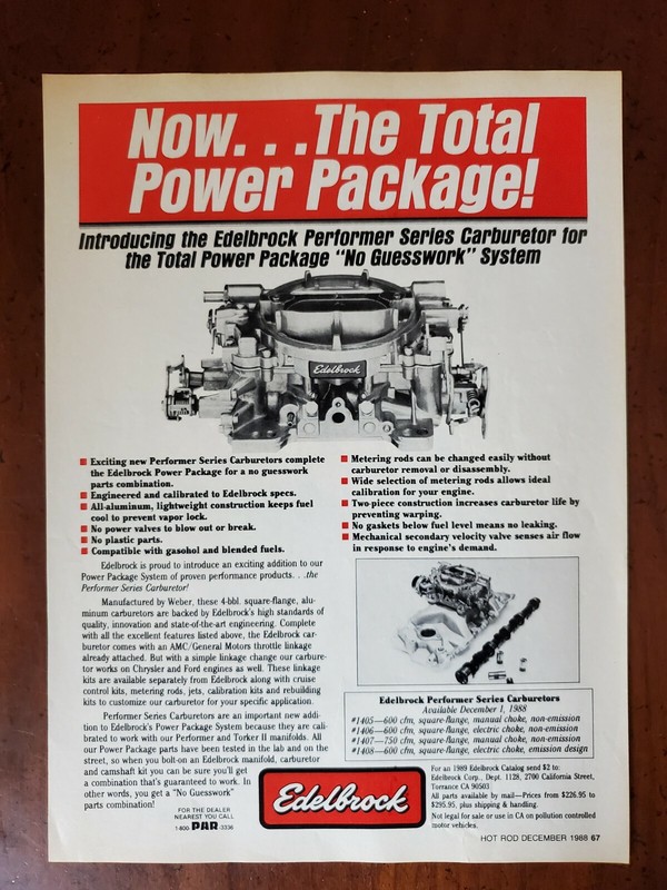 Edelbrock Performer carburetorTorker 2 II intake cam 1980's vintage magazine ad