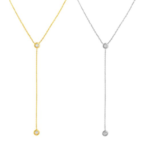 Diamond Bezel Set Lariat Necklace Women 14K Solid Gold Adjustable Cable Chain - Picture 1 of 9