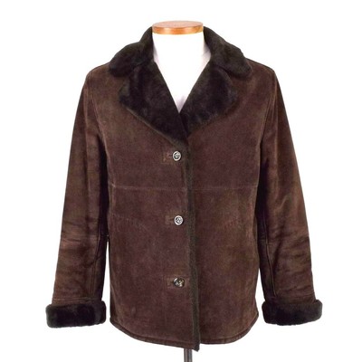 Vtg 90s Gallery Brown Leather Faux Shearling Barn Coat Swing