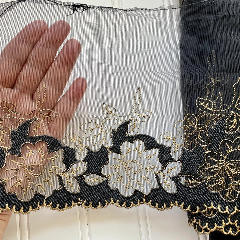 Black & Gold  Floral Embroidered Lace Trim for Sewing/Bridal/Crafts/6" Wide - Image 2 of 4