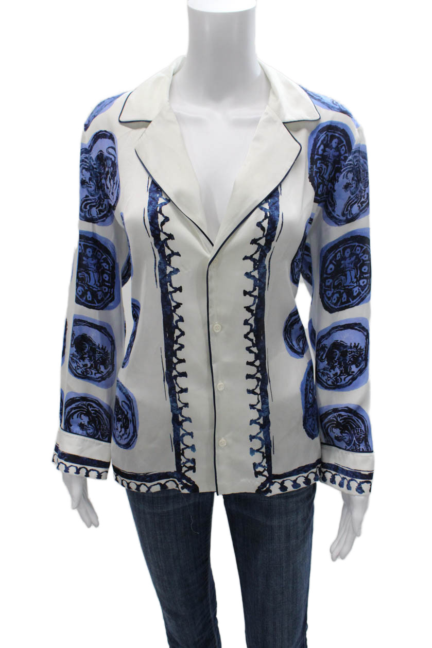 Zara Womens Basic White Collared Geometric Polyes… - image 1