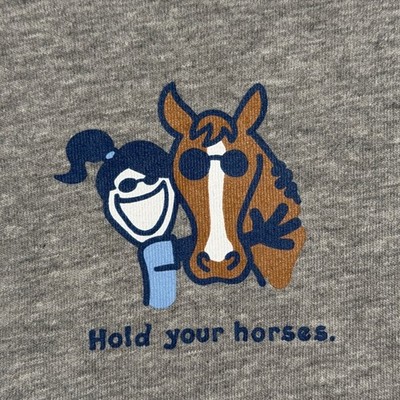 Womens Large Gray Hold Your Horses Graphic Long Sleeve Crop/Cut Top Tee Rodeo
