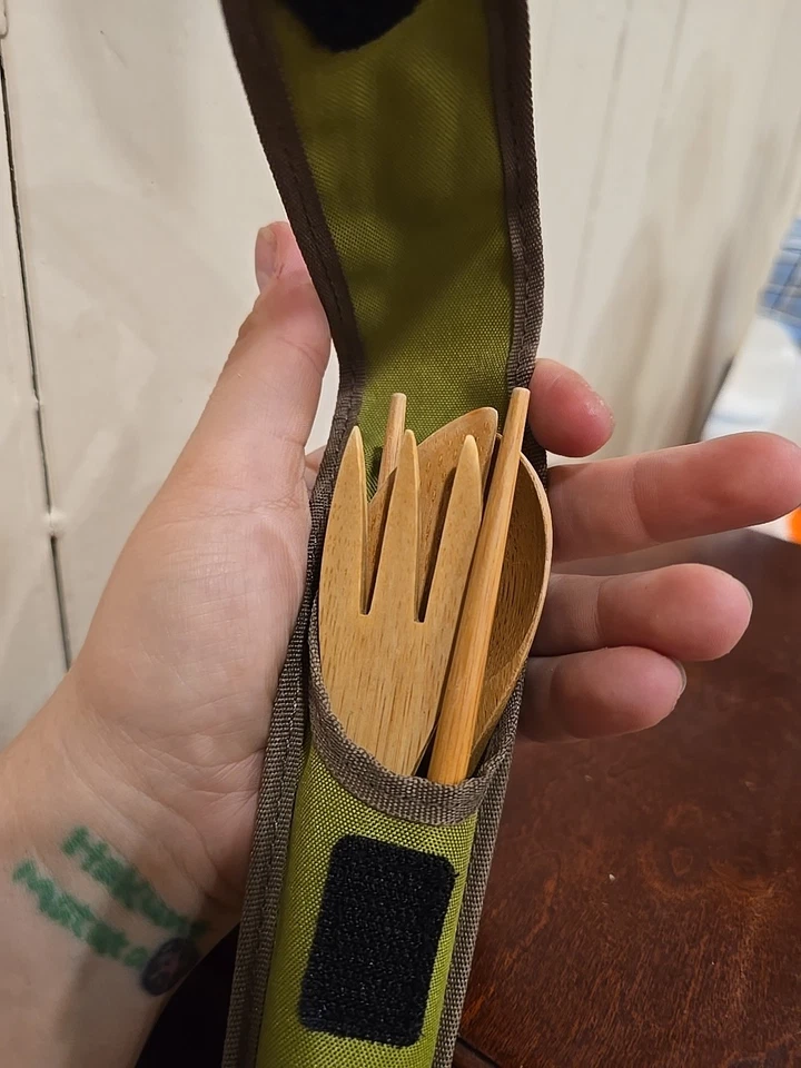 Unused ToGo Ware Wooden Utensils With Green Carry Case For Hiking And Camping - Image 3 of 4