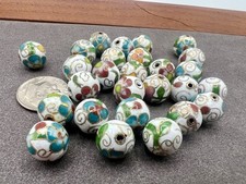 26 Pcs Vintage Cloisonn  10mm Round White Gold Beads Artisan Jewelry Making Lot