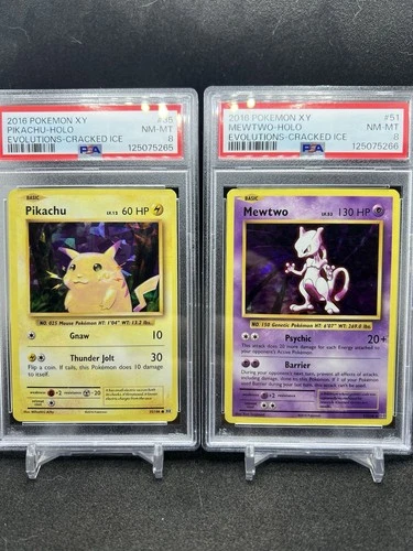Pokemon XY Evolutions Cracked Ice Holo Mewtwo 51 & Pikachu 35 PSA 8 Sequential