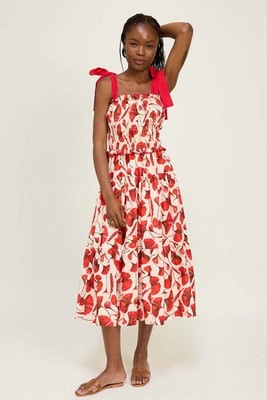 En Saison NWT Dress Midi Tiered Smocked Cream Red Floral Leaf Small S Cottage