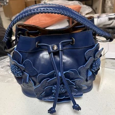 Patricia Nash Floral Applique Leather Elisa Bucket Bag Navy Peonies New