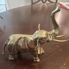 VTG MCM Brass Elephant Statue Decor w Trunk U...