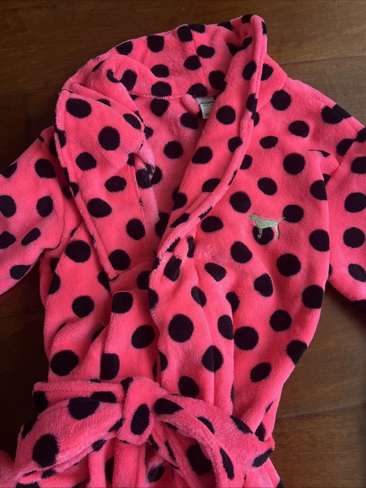 Bata Victoria's Secret rosa de felpa a lunares con cinturón para mujer XS/S Foto 2 de 4