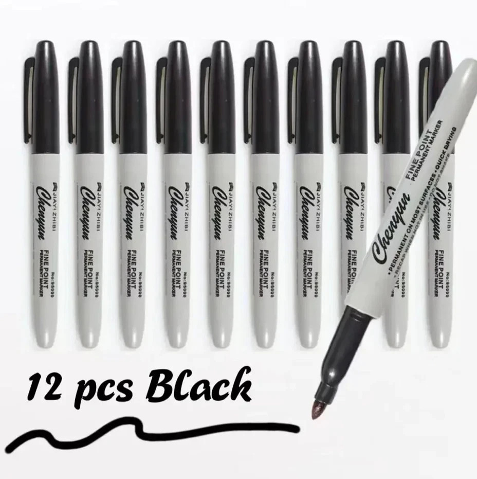 12pcs Black Permanent Marker Pens Fine Tip Waterproof Quick Dry Ink**