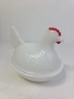 Sm.Vintage White Milk Glass Trinket Bowl Hen On Nest With Red Comb Straight Head