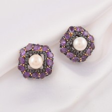Natural Amethyst Stud Earrings 925 Silver Pearl Sapphire Jewelry Gift For Woman