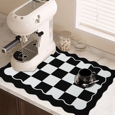 Scalloped Checkered Microfiber Dish Drying Mat Coffee Counter Pad 12x19 Black