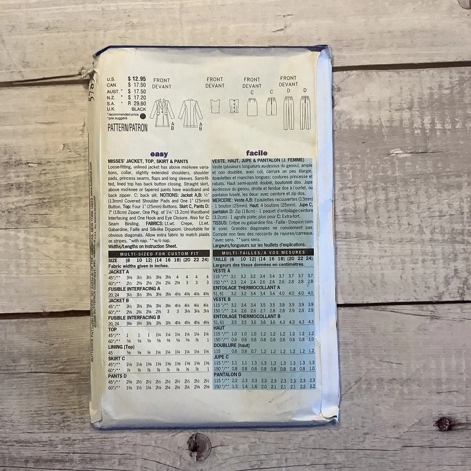 Butterick 5789 Sewing Pattern Jacket Top Skirt Pants Misses Sizes 20-24 UNCUT - Image 2 of 4