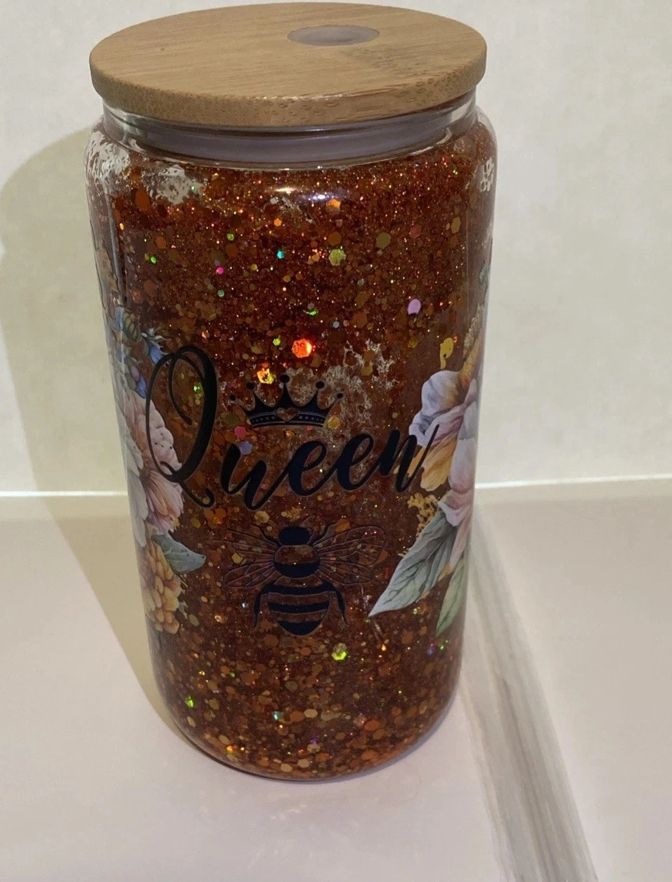 Glitter Liquid Cup Glass Queen Bee Canister with Lid & Straw