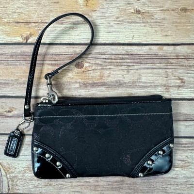 COACH Womens Black Signature Monogramed Studded Wristlet Purse
