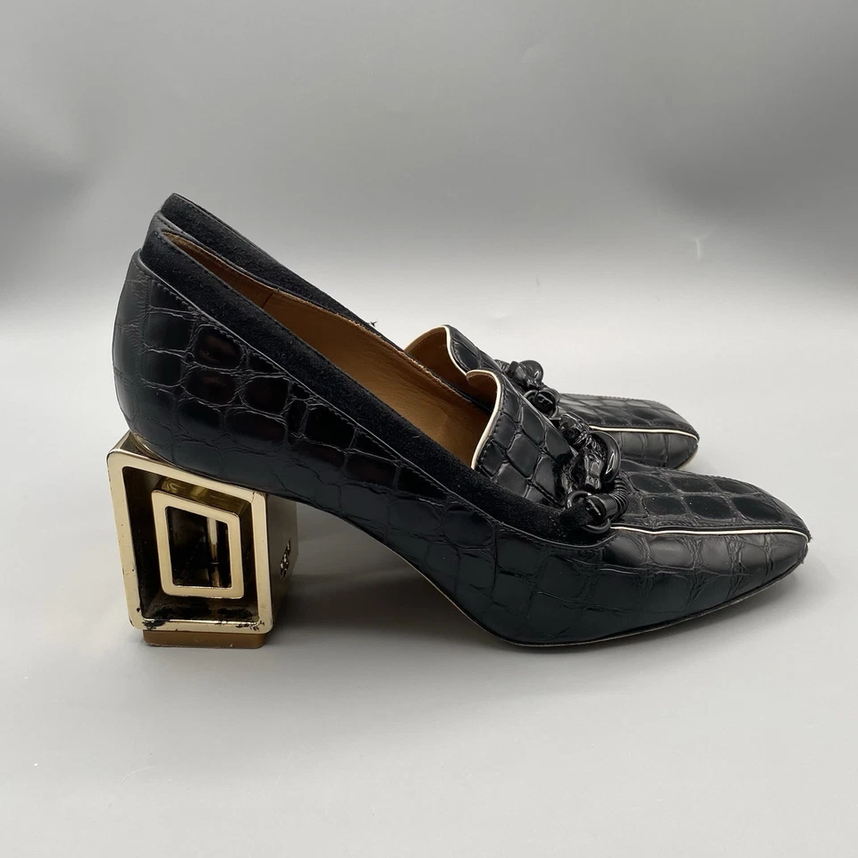 AS IS Tory Burch 7. 5 Jessa Loafer Pumps Black Croc Embossed Block Heel Shoes - Image 2 of 4