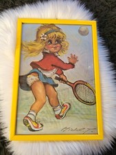 JOLI TABLEAU VINTAGE RETRO DESSIN POULBOT JEUNE FILLE TENNIS SIGNE MICHEL T.