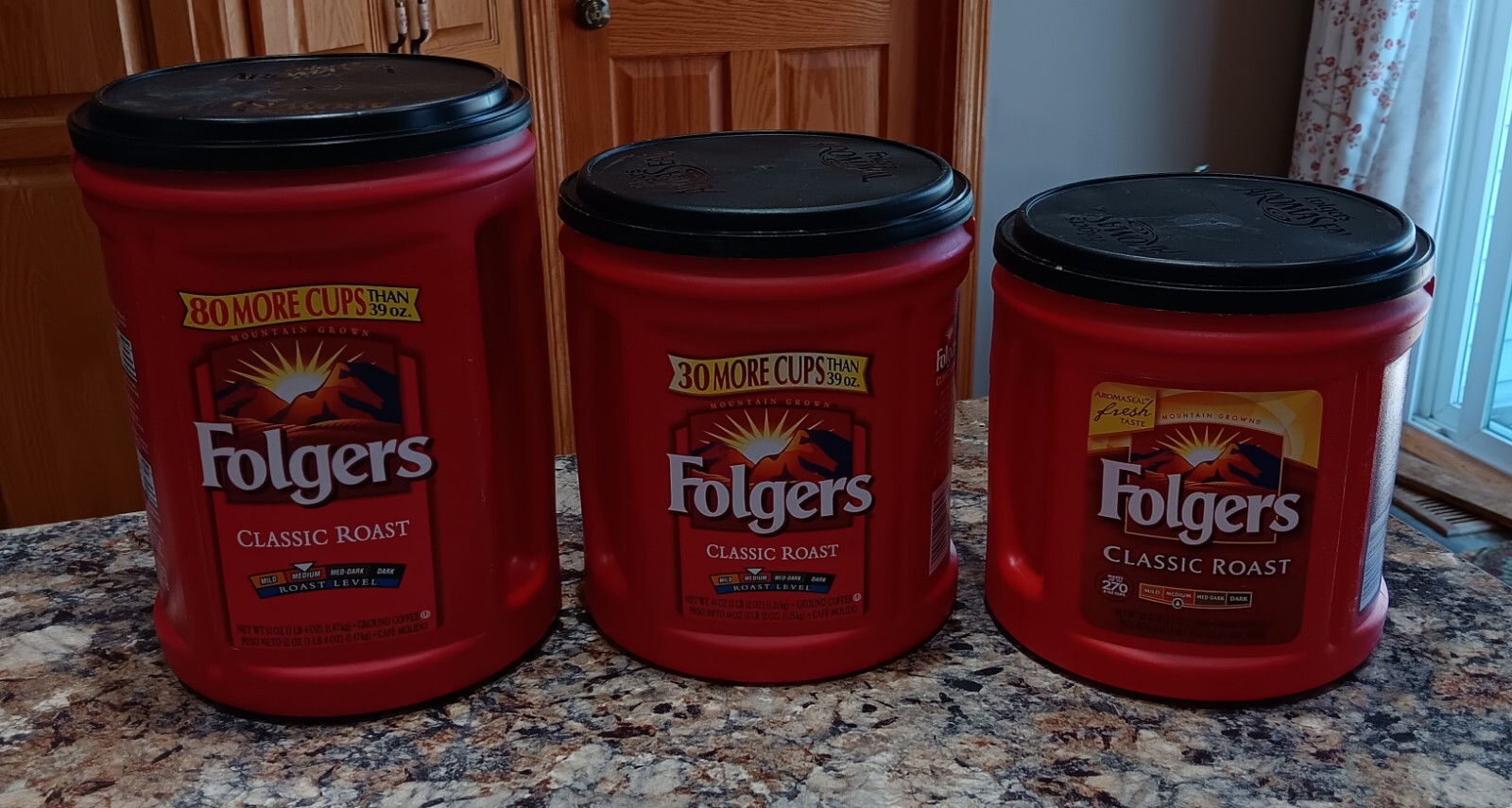Lot 3 Folgers Empty Plastic Coffee Can Container 52, 44, 39 oz Craft