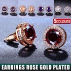 Red Garnet Diamond Halo Round Stud Earring Push Back Rose Gold Plated Women Gift