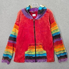 VINTAGE Greater Good Women Jacket 1X Red Hooded Hippie Rainbow Embroidered