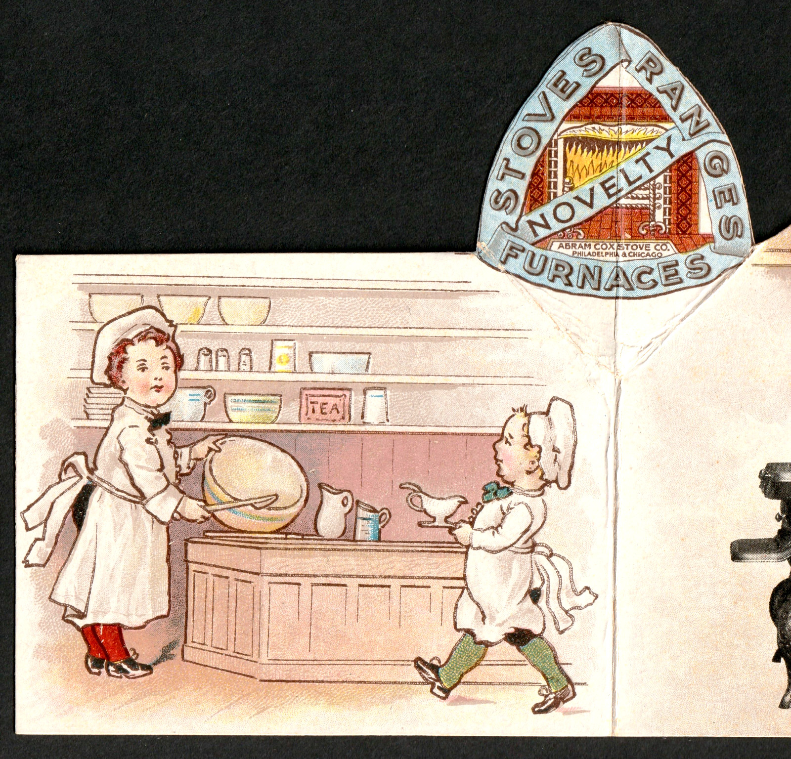 Abram Cox Novelty Stove Range Kitchen Pudding Pop-Up Delft 3D Trade Card SR.H.ns