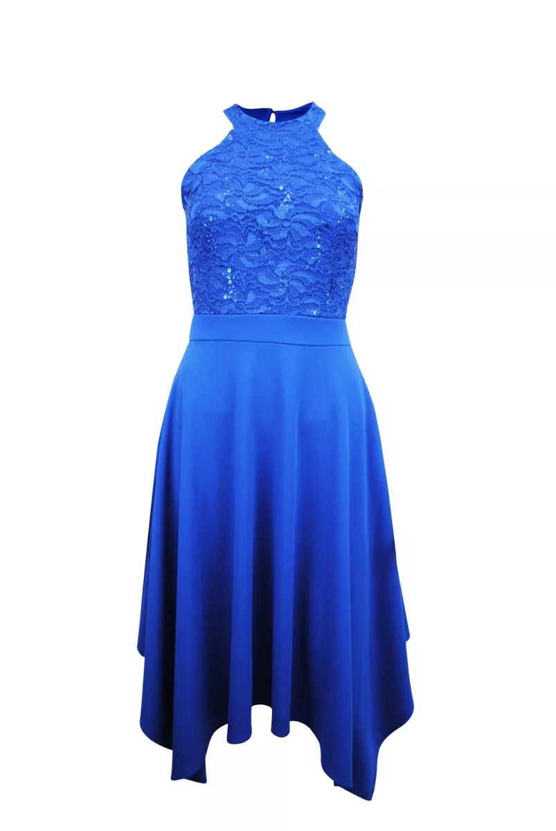 Blue lace halter neck dress hotsell