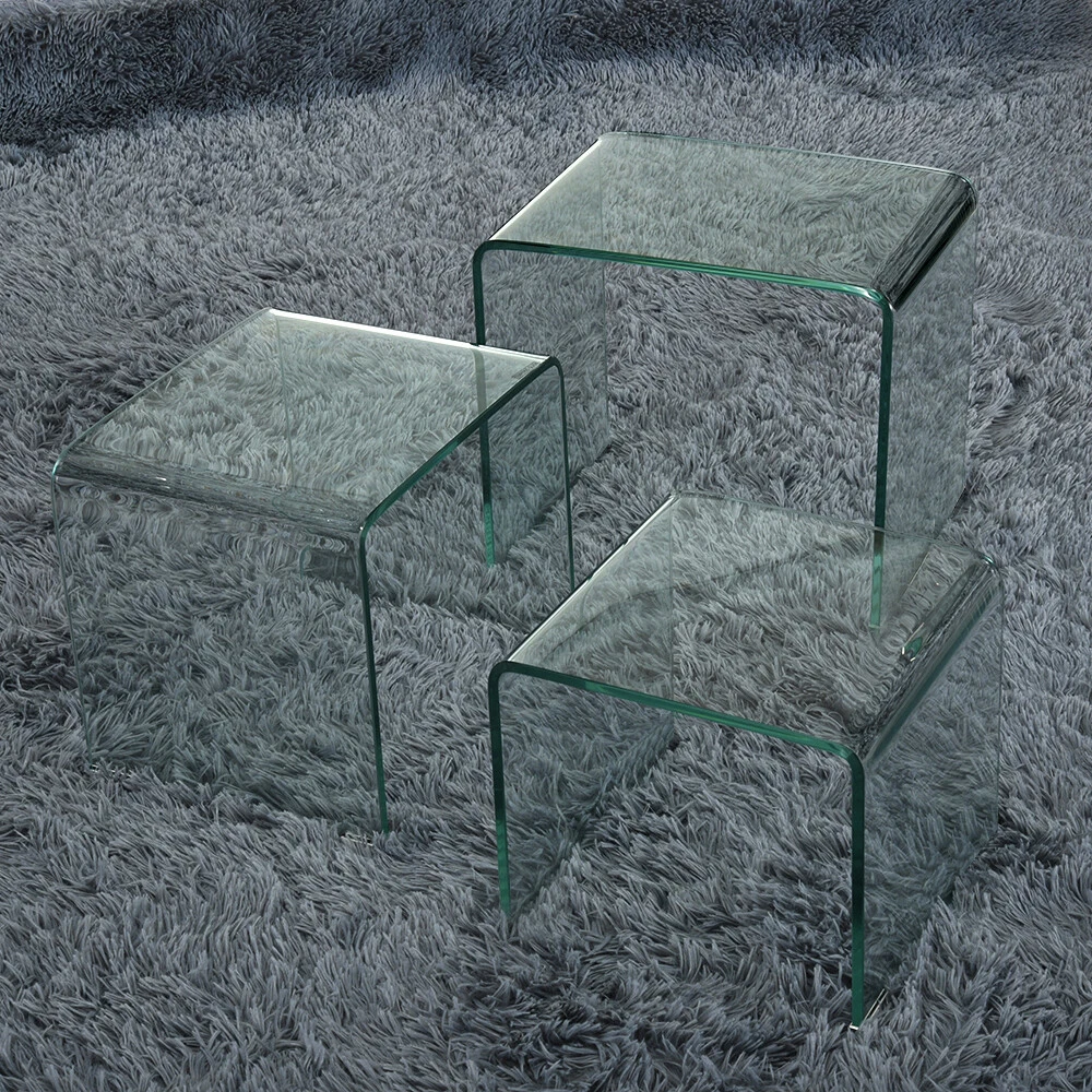 Set of 3 Glass Nest of Side Tables Cafe Home Tea Coffee Curved