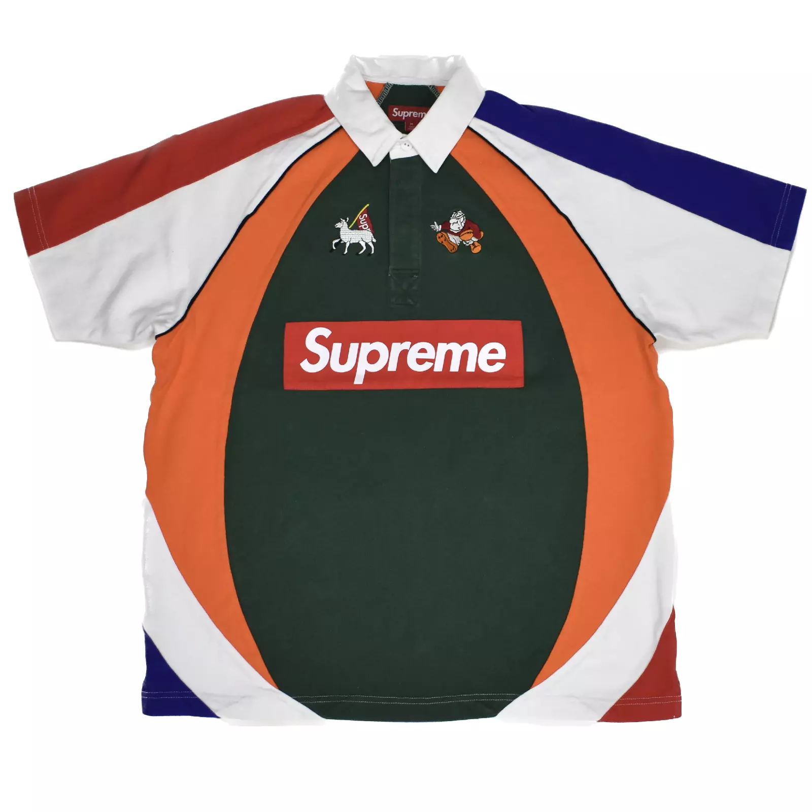 Neuf avec étiquettes Supreme Big Box logo lambrissé rugby polo multicolore homme M AUTHENTIQUE