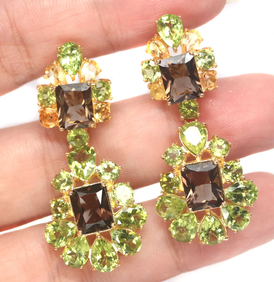 7 X 9 mm. Pendientes de cuarzo ahumado, peridoto, citrino y zafiro de plata de ley 925 Foto 2 de 4