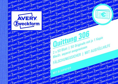 1 Quittungsblock Zweckform 306 A6 Quittung 2x 50 Blatt AVERY fälschungssicher