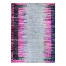 9'x12' Erased Horizontal Line Design Sari Silk With Tex Wool Rug G59229