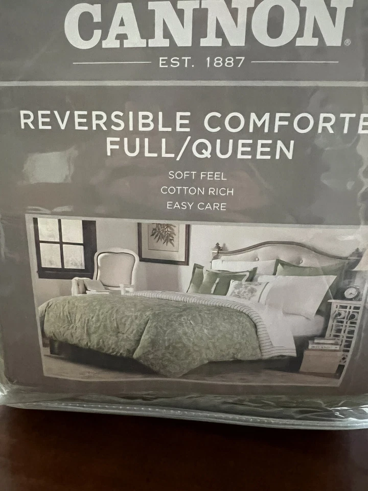 NOVO edredom reversível Cannon completo/rainha sálvia verde e branco floral e listras - Imagem 3 de 4