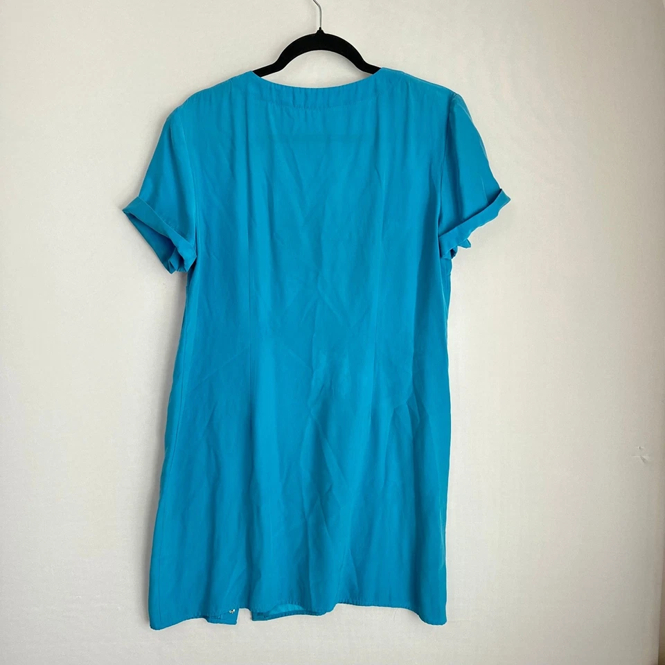 Amanda Uprichard Silk Mini Shift Dress V Neck Short Sleeve Turquoise Blue Size L - Image 3 of 4