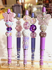 5 HAND CRAFTED BEADED PENS 5 INK REFILLS - Purple Lavender