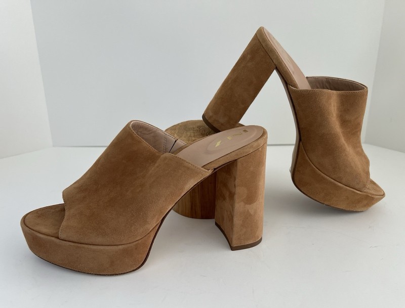 Inez Ceci Platform Mules In Tan Suede Open Toe Made In Spain Size 8