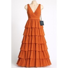 Mac Duggal IEENA Swiss Dot Ruffle Tiered Maxi Dress Burnt Orange Size 2 Formal