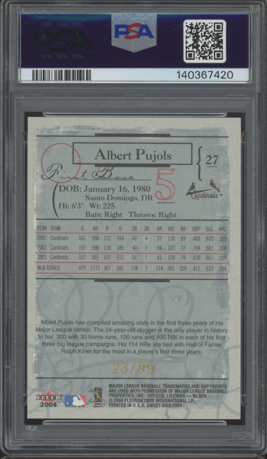 2004 Fleer Sweet Sigs Gold #27 Albert Pujols /99 Gem Mint PSA 10 view 2