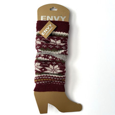Envy Leg Warmers Burgundy Fair Isle Boho Cozy Knee High Boot Socks NWT